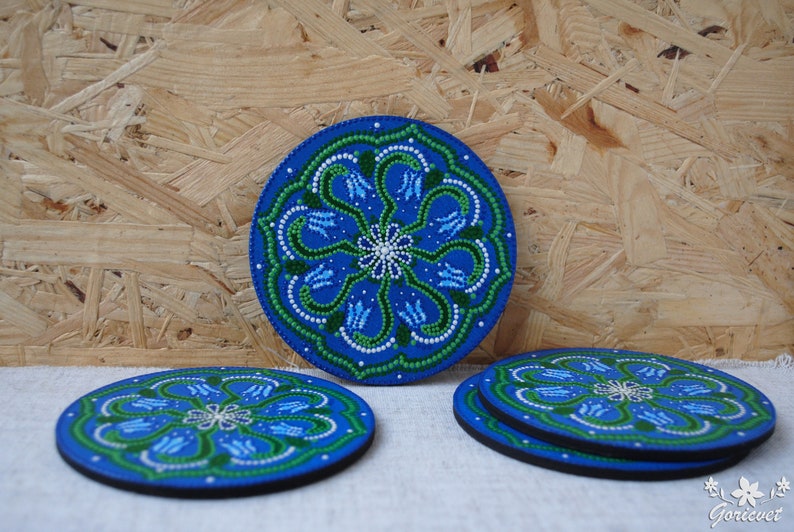 Round coasters Painted wood art Spring flower Bluebell Drink coasters New home gift Dot painting decor Unique tea coasters Mother Day gift image 2