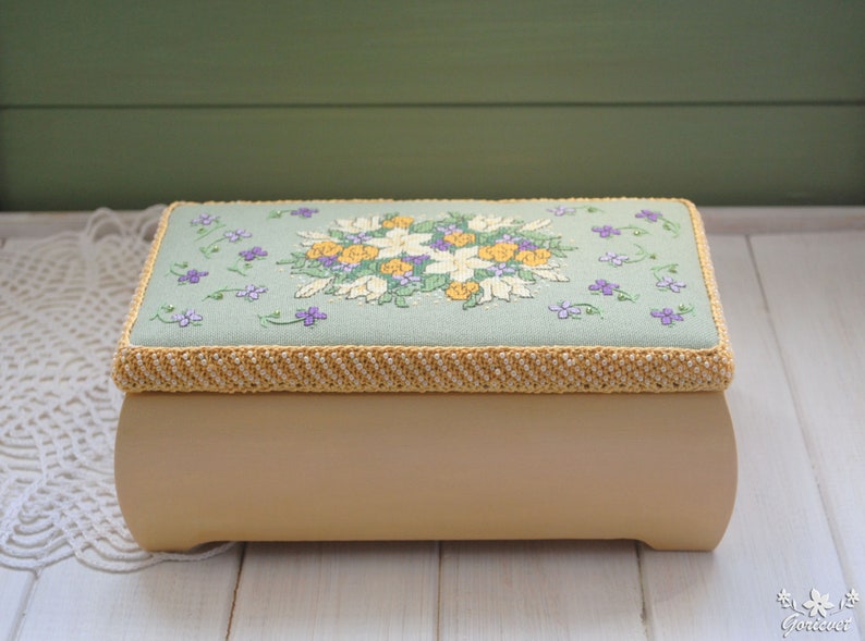 Wood jewelry box Floral bouquet embroidered box Yellow Lilies Etsy