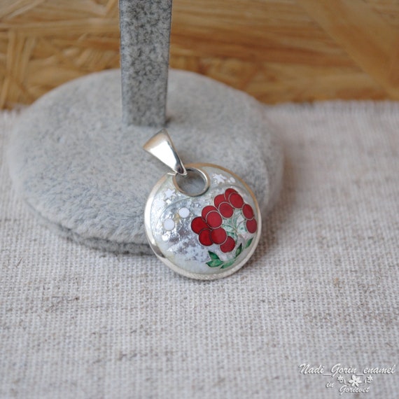 Small silver pendant Red berry viburnum Hot cloisonne enamel necklace Ukrainian gift Plants art Ethnic jewelry with Petrykivka imitation