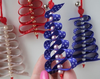 Ribbon Tree Ornaments With Glass Pearl Christmas Hanging
