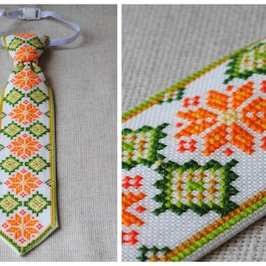 Embroidered tie Ukrainian gift Baby cotton necktie Orange green Hand cross stitch Ethnic boy clothes Ukraine folk art Unique pre tied tie image 1