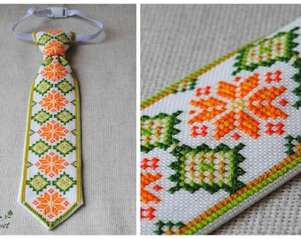 Embroidered tie Ukrainian gift Baby cotton necktie Orange green Hand cross stitch Ethnic boy clothes Ukraine folk art Unique pre tied tie