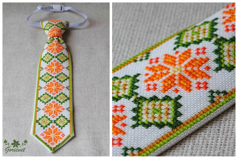 Embroidered tie Ukrainian gift Baby cotton necktie Orange green Hand cross stitch Ethnic boy clothes Ukraine folk art Unique pre tied tie image 1