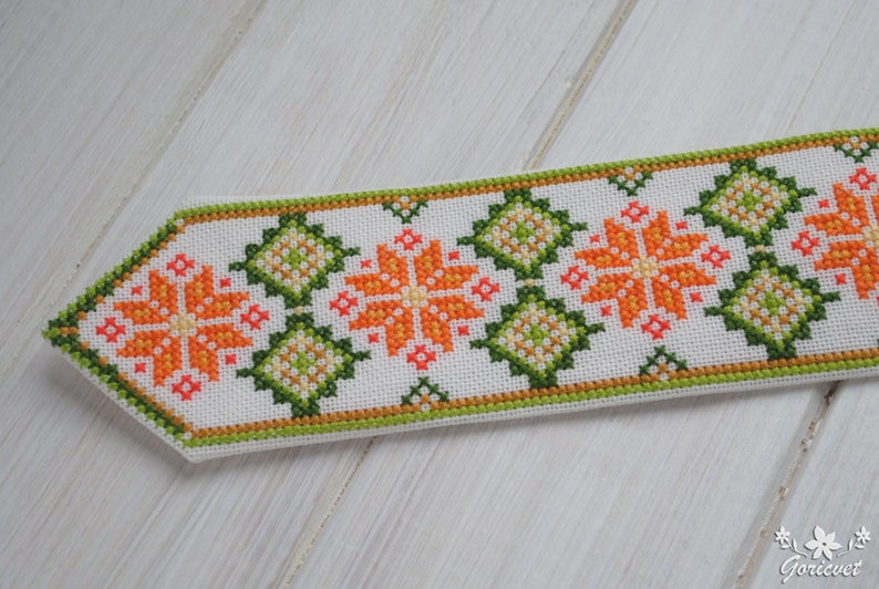 Embroidered tie Ukrainian gift Baby cotton necktie Orange green Hand cross stitch Ethnic boy clothes Ukraine folk art Unique pre tied tie image 2