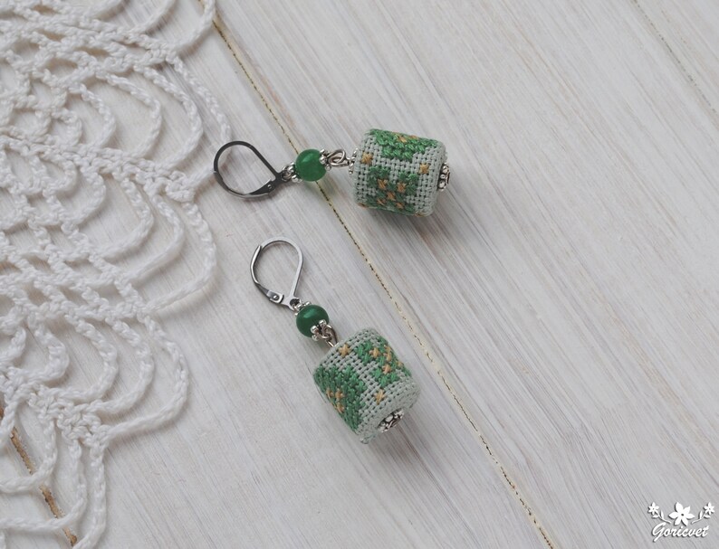 Textile dangle earrings Bead embroidery jewelry Boho jewelry Light green chalcedony earrings Gift for women Boho chic Embroidery earrings