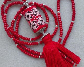 Ukrainian Necklace with Hand Embroidered Pendant, Long Red Beaded Tassel Necklace, Ethno-Modern Cross Stitch Folk Jewelry, Heritage Gift