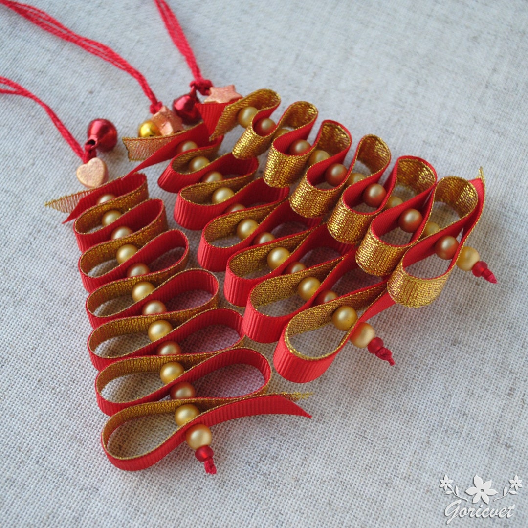 Red and Gold Ribbon Tree Hanging Ornaments With Glass Pearl Etsy