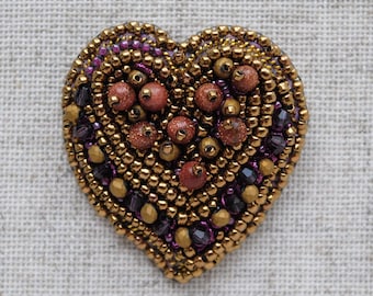 Sandstone beaded heart brooch Embroidered seed bead pin Fall colors jewelry handmade