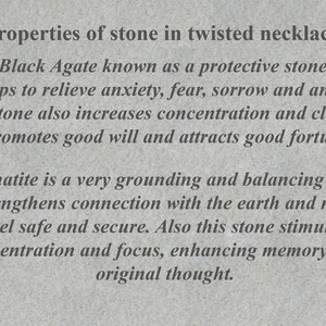 May include: Text describing the properties of black agate and hematite stones. Black agate is known as a protective stone that helps relieve anxiety, fear, sorrow, and anger. It also increases concentration and clarity, promotes good will, and attracts good fortune. Hematite is a grounding and balancing stone that strengthens connection with the earth, makes one feel safe and secure, and stimulates concentration and focus, enhancing memory and original thought.