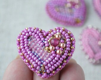 Pink beaded Heart Brooch with Tourmaline - Hand Embroidered Seed bead Pin with October Birthstone