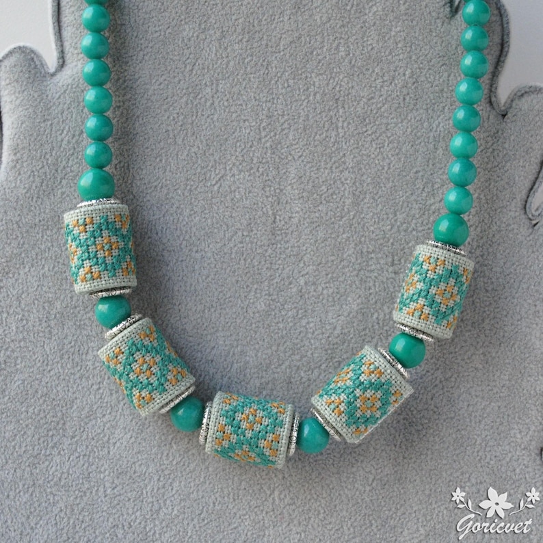 Chunky Bib Necklace Turquoise Jade Embroidered Fabric Beads Ukrainian