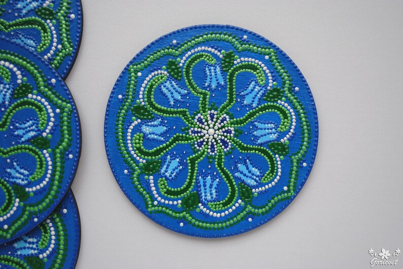 Round coasters Painted wood art Spring flower Bluebell Drink coasters New home gift Dot painting decor Unique tea coasters Mother Day gift image 3