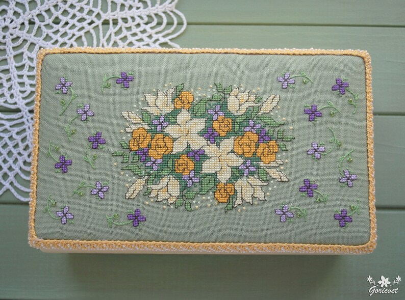 Wood jewelry box Floral bouquet embroidered box Yellow Lilies Etsy