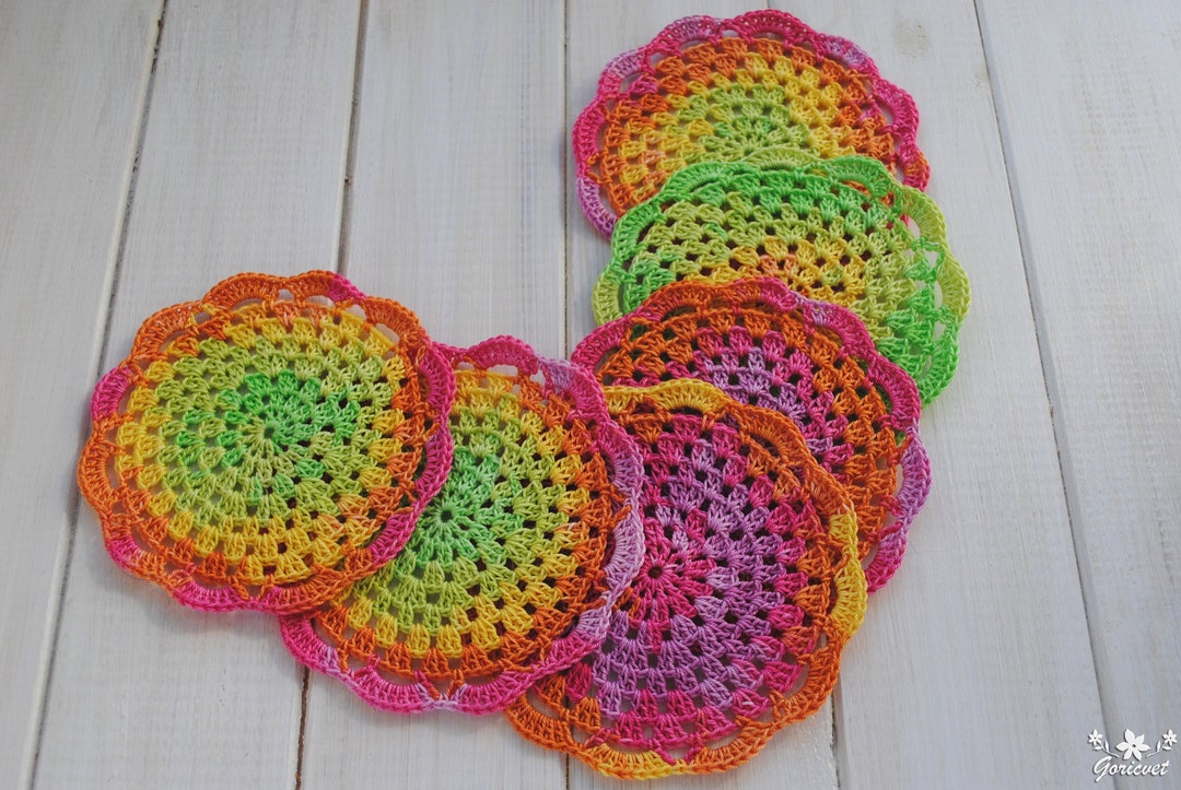 Multicolor Crochet Lace Coasters Cotton Crochet Set of 6 Cup Etsy
