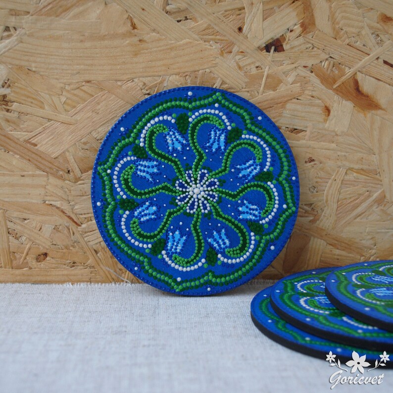 Round coasters Painted wood art Spring flower Bluebell Drink coasters New home gift Dot painting decor Unique tea coasters Mother Day gift image 1