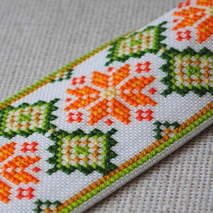 Embroidered tie Ukrainian gift Baby cotton necktie Orange green Hand cross stitch Ethnic boy clothes Ukraine folk art Unique pre tied tie image 8