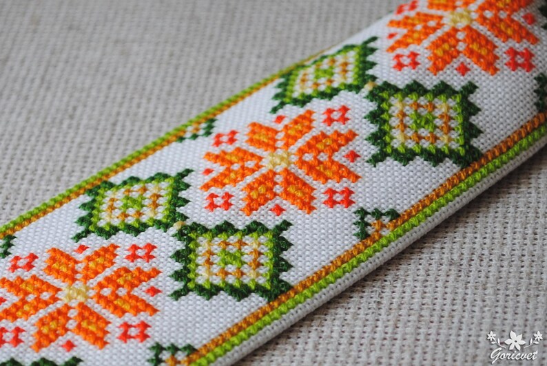 Embroidered tie Ukrainian gift Baby cotton necktie Orange green Hand cross stitch Ethnic boy clothes Ukraine folk art Unique pre tied tie image 8