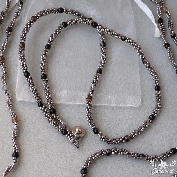 Woven Seed Bead Onyx Necklace Beaded Twisted Rope Chain Herringbone jewelry handmade