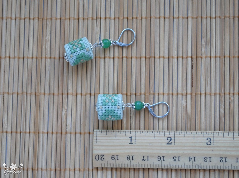 Textile dangle earrings Bead embroidery jewelry Boho jewelry Light green chalcedony earrings Gift for women Boho chic Embroidery earrings