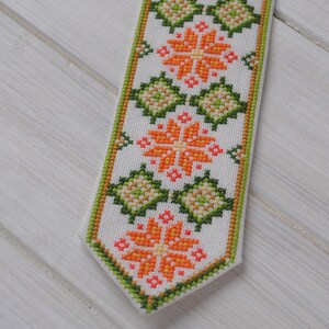 Embroidered tie Ukrainian gift Baby cotton necktie Orange green Hand cross stitch Ethnic boy clothes Ukraine folk art Unique pre tied tie image 10