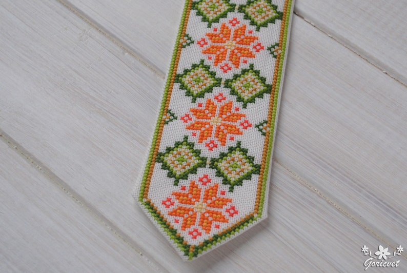 Embroidered tie Ukrainian gift Baby cotton necktie Orange green Hand cross stitch Ethnic boy clothes Ukraine folk art Unique pre tied tie image 10