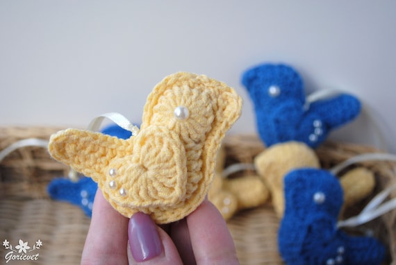 Crochet Bird Blue Yellow hanging ornaments Ukrainian Easter decoration Tiny Knitted spring decor handmade