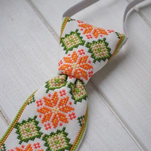 Embroidered tie Ukrainian gift Baby cotton necktie Orange green Hand cross stitch Ethnic boy clothes Ukraine folk art Unique pre tied tie image 3