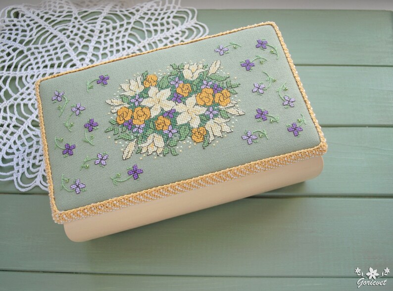 Wood jewelry box Floral bouquet embroidered box Yellow Lilies Etsy