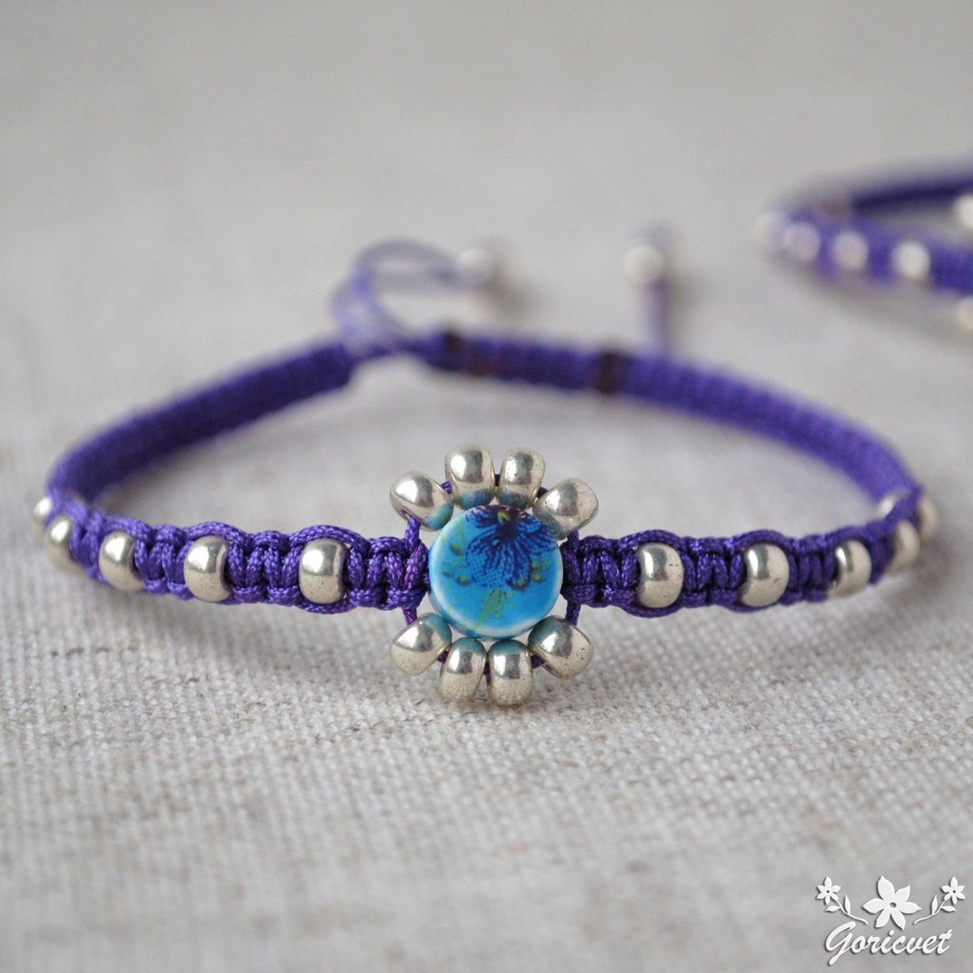 Bracelet Macramé Ajustable Rose/violet - Perles Agate Teintée Et Verre - KB Création