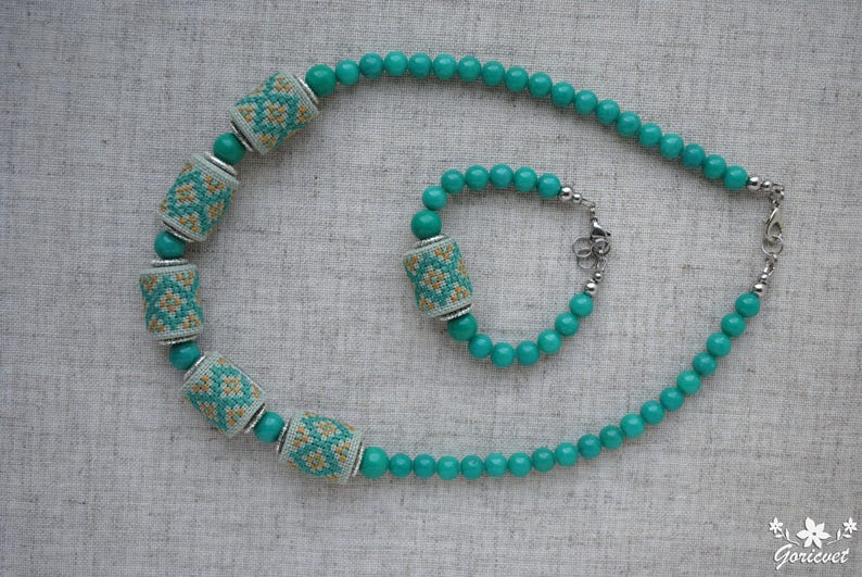 Chunky Bib Necklace Turquoise Jade Embroidered Fabric Beads Ukrainian