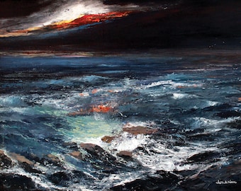 Big Size Digital Download – Night Seascape with Waves – Oil Painting Photo – High-Resolution Coastal Printable Art