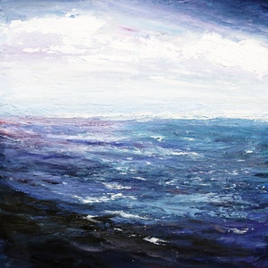 May include: A painting of a seascape with a dark blue ocean and a white cloudy sky. The ocean is painted with thick brushstrokes, giving it a textured look. The sky is painted with lighter brushstrokes, creating a sense of movement.