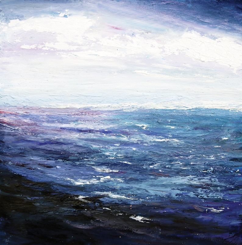 May include: A painting of a seascape with a dark blue ocean and a white cloudy sky. The ocean is painted with thick brushstrokes, giving it a textured look. The sky is painted with lighter brushstrokes, creating a sense of movement.