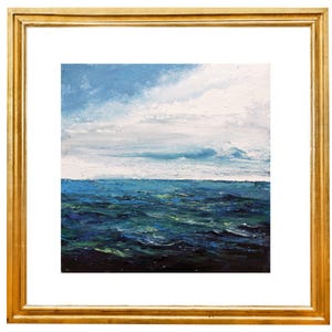 May include: A painting of a seascape with a blue sky and white clouds above a dark blue ocean with green and blue waves.