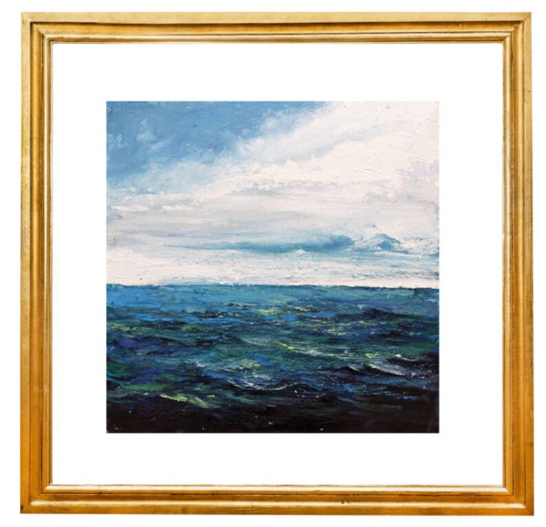 May include: A painting of a seascape with a blue sky and white clouds above a dark blue ocean with green and blue waves.