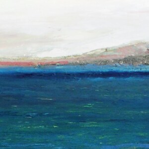 May include: Abstract painting of a seascape with a blue ocean and a pink and gray horizon.