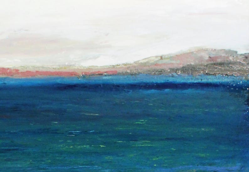 May include: Abstract painting of a seascape with a blue ocean and a pink and gray horizon.