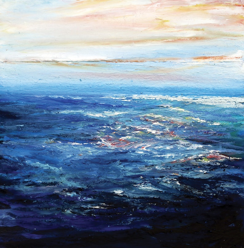 May include: A painting of a seascape with a blue sky and ocean. The ocean is a deep blue with whitecaps and the sky is a light blue with a pink and orange sunset.