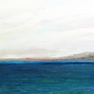 May include: A painting of a seascape with a blue ocean and a distant red shoreline under a white cloudy sky.
