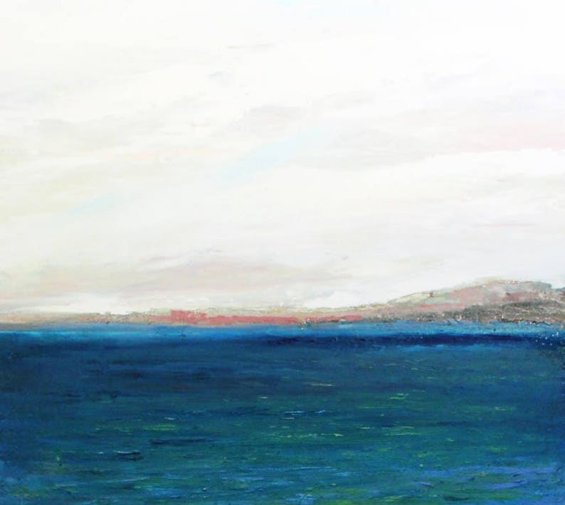 May include: A painting of a seascape with a blue ocean and a distant red shoreline under a white cloudy sky.