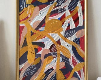 Danza Dorada Submarina – Pintura original en acrílico y bolígrafo de gel sobre lienzo, 24 x 33 cm, Arte de pared vertical