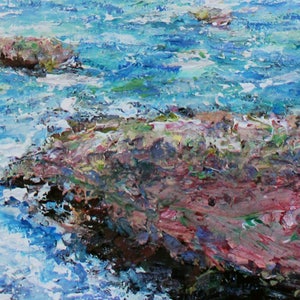 May include: Abstract painting of a rocky shoreline with blue, green, and pink hues. The water is choppy and whitecaps are visible. The rocks are textured and appear to be painted with thick brushstrokes.