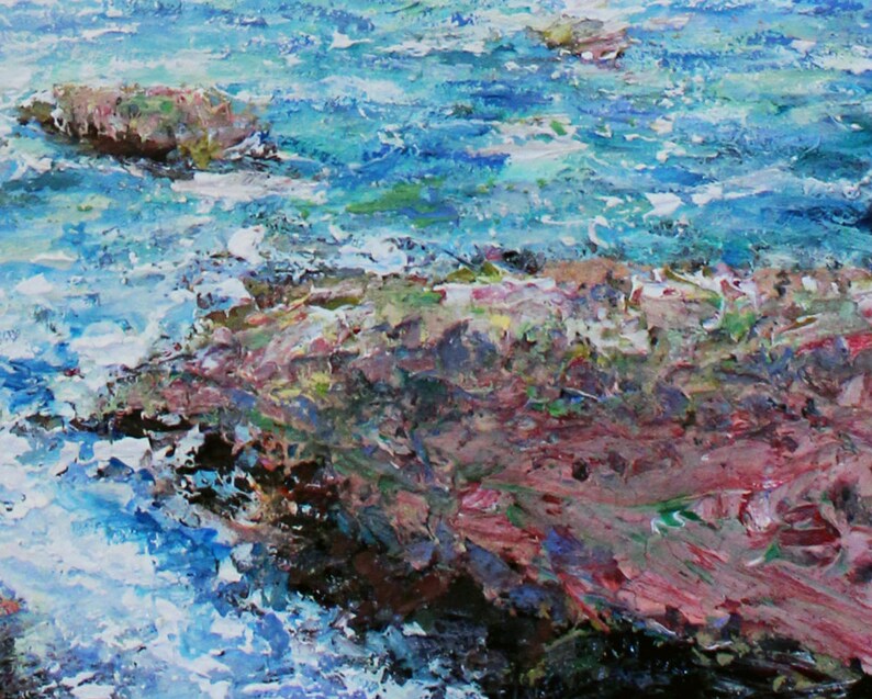 May include: Abstract painting of a rocky shoreline with blue, green, and pink hues. The water is choppy and whitecaps are visible. The rocks are textured and appear to be painted with thick brushstrokes.