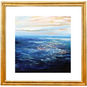 May include: A painting of a seascape with a blue ocean and a pink and white sky. The ocean is textured and has a lot of movement. The sky is soft and hazy.