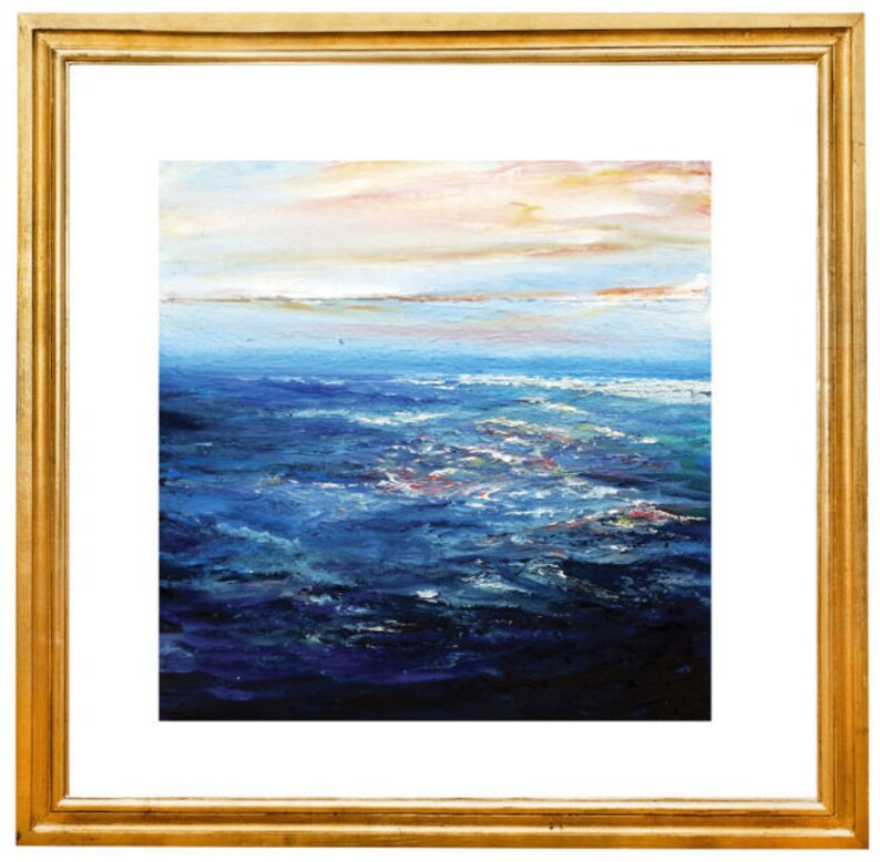 May include: A painting of a seascape with a blue ocean and a pink and white sky. The ocean is textured and has a lot of movement. The sky is soft and hazy.
