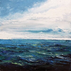 May include: A painting of a seascape with a blue sky and white clouds above a dark blue ocean with green and blue waves.