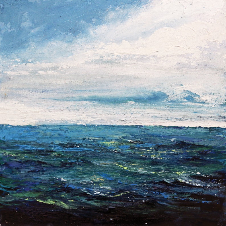 May include: A painting of a seascape with a blue sky and white clouds above a dark blue ocean with green and blue waves.