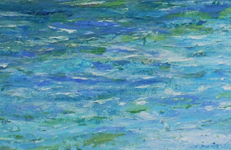 May include: Abstract painting of water with blue, green, and white brushstrokes. The painting depicts a calm, serene body of water.