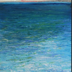 May include: A painting of a seascape with a blue ocean and a distant red horizon. The ocean is textured with brushstrokes and the water is rippling. There are rocks in the foreground.