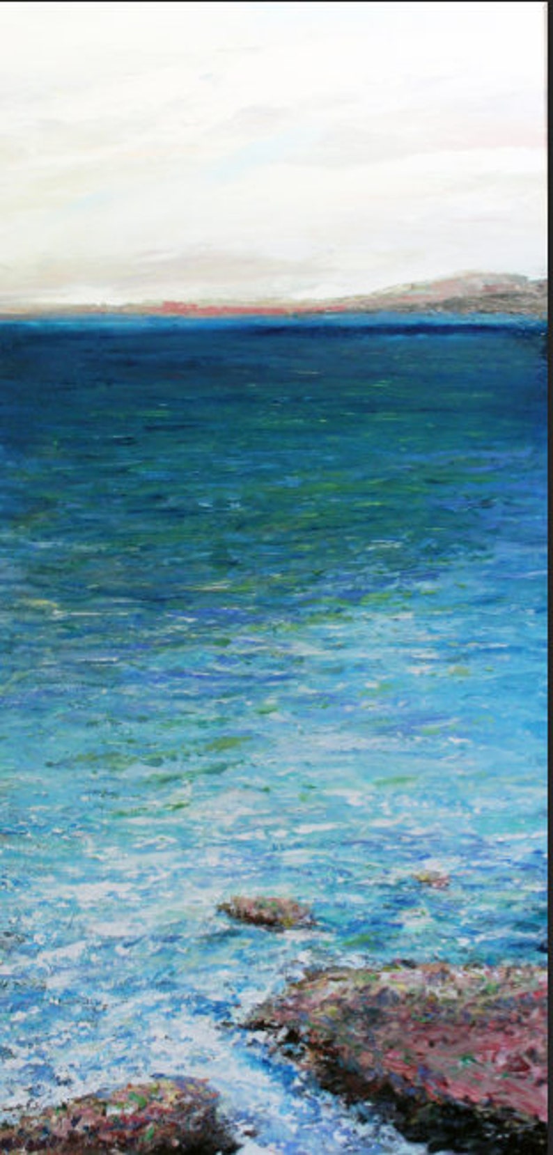 May include: A painting of a seascape with a blue ocean and a distant red horizon. The ocean is textured with brushstrokes and the water is rippling. There are rocks in the foreground.